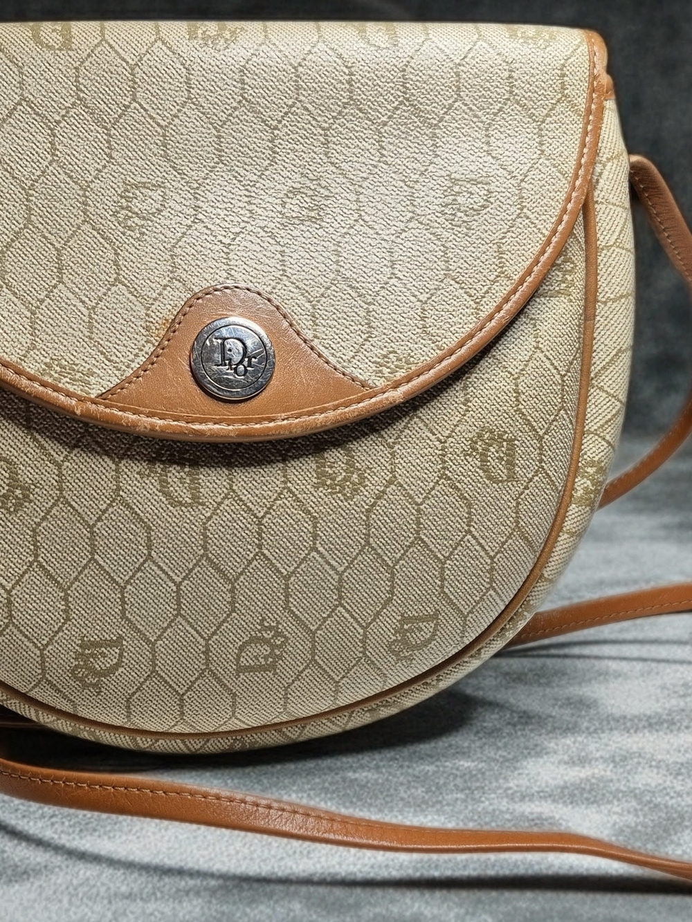 Christian Dior Beige Honeycomb Crossbody Bag with Leather Trim